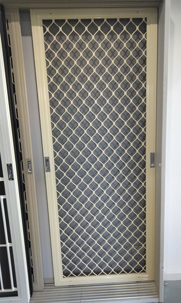 Sliding diamond security grill screen door with fibre glass wire